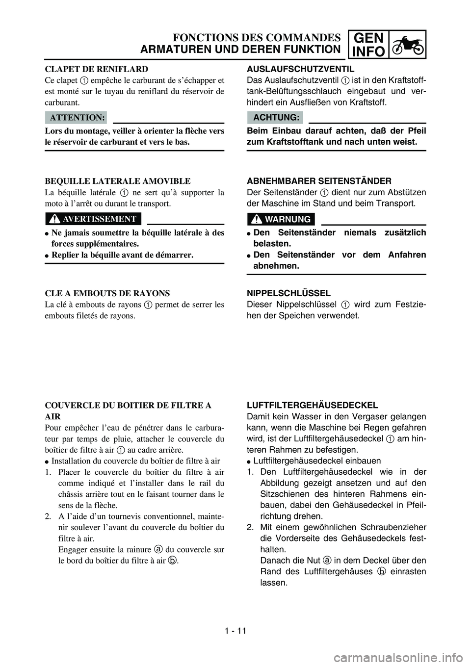 YAMAHA YZ85 2005  Betriebsanleitungen (in German) GEN
INFOFONCTIONS DES COMMANDES
ARMATUREN UND DEREN FUNKTION
CLAPET DE RENIFLARD
Ce clapet 1 empêche le carburant de s’échapper et
est monté sur le tuyau du reniflard du réservoir de
carburant. 