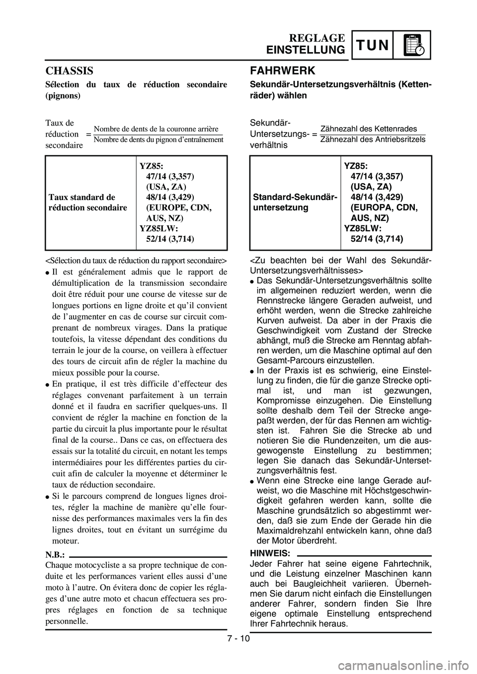 YAMAHA YZ85 2005 Notices Demploi (in French) TUN
REGLAGE
EINSTELLUNG
CHASSIS
Sélection du taux de réduction secondaire
(pignons)
Taux de
réduction =
secondaire
<Sélection du taux de réduction du rapport secondaire>
Il est généralement a YAMAHA YZ85 2005 Notices Demploi (in French) TUN
REGLAGE
EINSTELLUNG
CHASSIS
Sélection du taux de réduction secondaire
(pignons)
Taux de
réduction =
secondaire
<Sélection du taux de réduction du rapport secondaire>
Il est généralement a