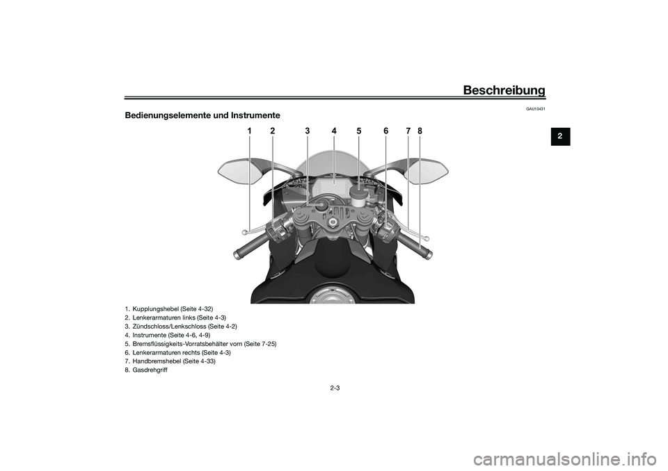 YAMAHA YZF-R1 2022  Betriebsanleitungen (in German) Beschreibung
2-3
2
GAU10431
Be dienun gselemente un d Instrumente
1
2
4
5
6
7
8
3
1. Kupplungshebel (Seite 4-32)
2. Lenkerarmaturen links (Seite 4-3)
3. Zündschloss/Lenkschloss (Seite 4-2)
4. Instrum