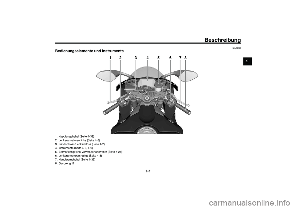 YAMAHA YZF-R1M 2020  Betriebsanleitungen (in German) Beschreibung
2-3
2
GAU10431
Be dienun gselemente un d Instrumente
1
2
4
5
6
7
8
3
1. Kupplungshebel (Seite 4-32)
2. Lenkerarmaturen links (Seite 4-3)
3. Zündschloss/Lenkschloss (Seite 4-2)
4. Instrum