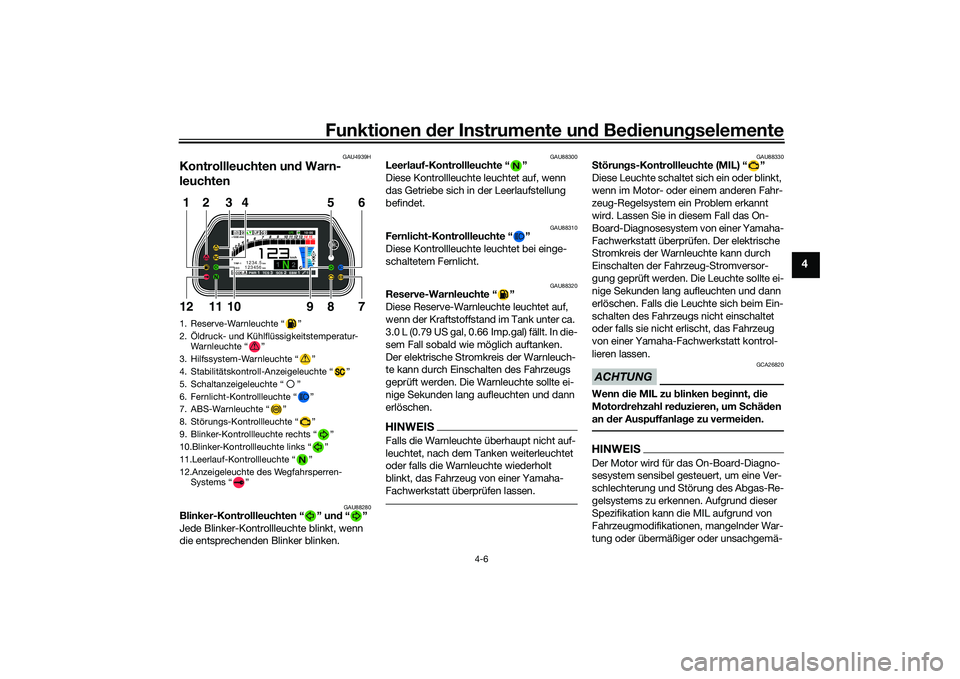 YAMAHA YZF-R1M 2020  Betriebsanleitungen (in German) Funktionen der Instru mente un d Be dienun gselemente
4-6
4
GAU4939H
Kontrollleuchten un d Warn-
leuchten
GAU88280
Blinker-Kontrollleuchten “ ” un d“”
Jede Blinker-Kontrollleuchte blinkt, wenn