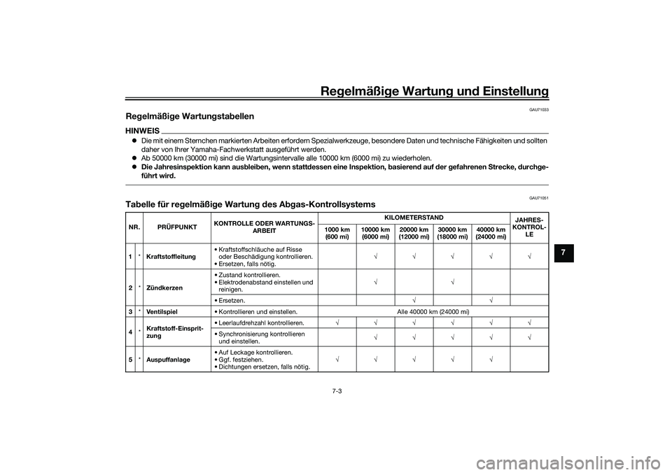 YAMAHA YZF-R1M 2020  Betriebsanleitungen (in German) Regelmäßi ge Wartun g und  Einstellun g
7-3
7
GAU71033
Regelmäßig e Wartun gsta bellenHINWEIS Die mit einem Sternchen markierten Arbeiten erfordern Spezialwer kzeuge, besondere Daten und techni