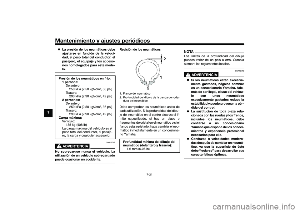 YAMAHA YZF-R1M 2020 Manuale de Empleo (in Spanish) Mantenimiento y ajustes periódicos
7-21
7
La presión d e los neumáticos d ebe
ajustarse en función de la veloci-
d ad , el peso total del con ductor, el
pasajero, el equipaje y los acceso-
r YAMAHA YZF-R1M 2020 Manuale de Empleo (in Spanish) Mantenimiento y ajustes periódicos
7-21
7
La presión d e los neumáticos d ebe
ajustarse en función de la veloci-
d ad , el peso total del con ductor, el
pasajero, el equipaje y los acceso-
r