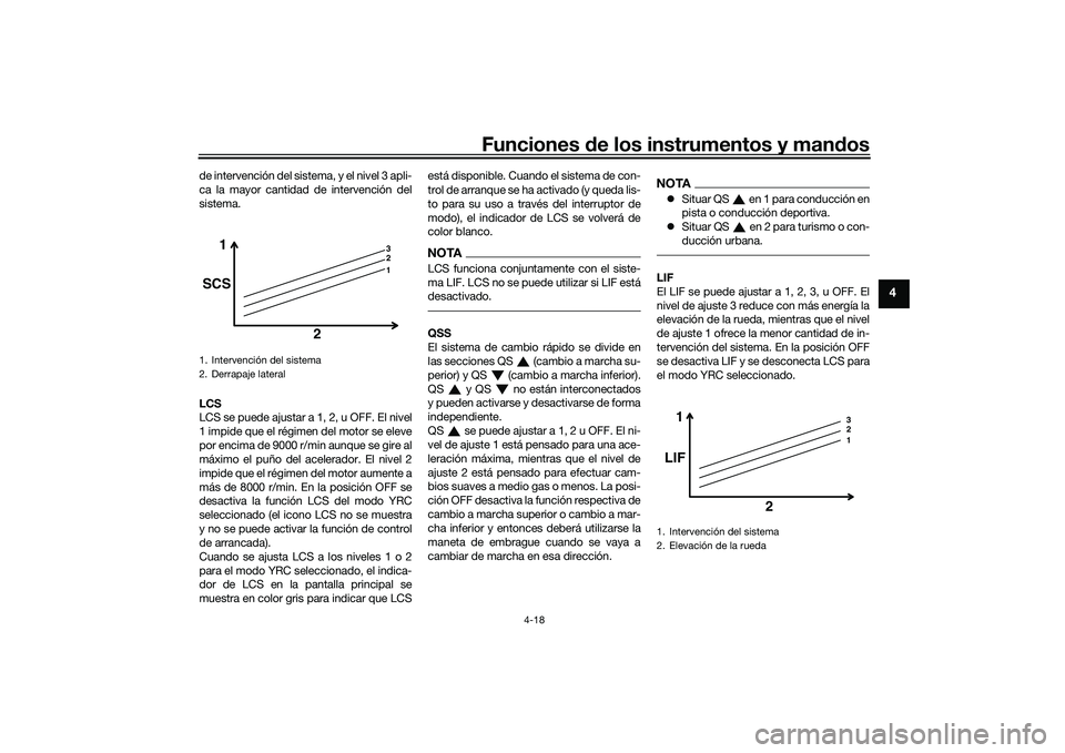 YAMAHA YZF-R1 2020 Manuale de Empleo (in Spanish) Funciones de los instrumentos y man dos
4-18
4
de intervención del sistema, y el nivel 3 apli-
ca la mayor cantidad de intervención del
sistema.
LCS
LCS se puede ajustar a 1, 2, u OFF. El nivel
1 im YAMAHA YZF-R1 2020 Manuale de Empleo (in Spanish) Funciones de los instrumentos y man dos
4-18
4
de intervención del sistema, y el nivel 3 apli-
ca la mayor cantidad de intervención del
sistema.
LCS
LCS se puede ajustar a 1, 2, u OFF. El nivel
1 im