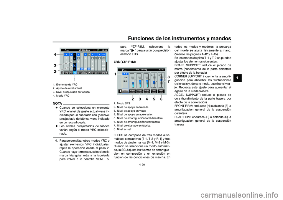 YAMAHA YZF-R1 2020 Manuale de Empleo (in Spanish) Funciones de los instrumentos y man dos
4-20
4
NOTA Cuando se selecciona un elemento
YRC, el nivel de ajuste actual viene in-
dicado por un cuadrado azul y el nivel
preajustado de fábrica viene in YAMAHA YZF-R1 2020 Manuale de Empleo (in Spanish) Funciones de los instrumentos y man dos
4-20
4
NOTA Cuando se selecciona un elemento
YRC, el nivel de ajuste actual viene in-
dicado por un cuadrado azul y el nivel
preajustado de fábrica viene in