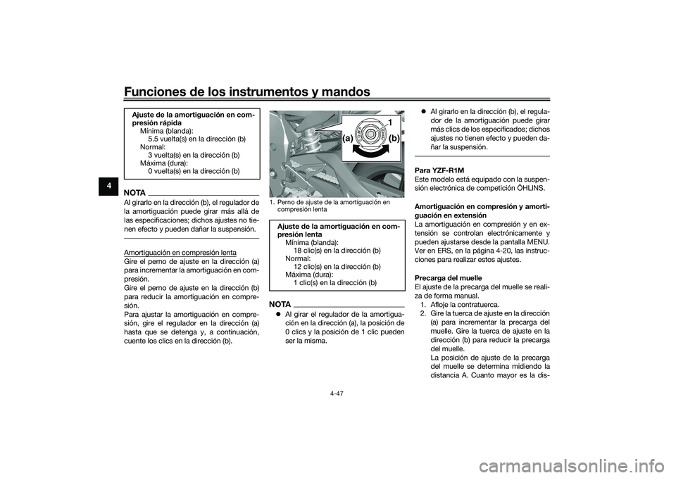 YAMAHA YZF-R1M 2020  Manuale de Empleo (in Spanish) Funciones de los instrumentos y man dos
4-47
4
NOTAAl girarlo en la dirección (b), el regulador de
la amortiguación puede girar más allá de
las especificaciones; dichos ajustes no tie-
nen efecto 