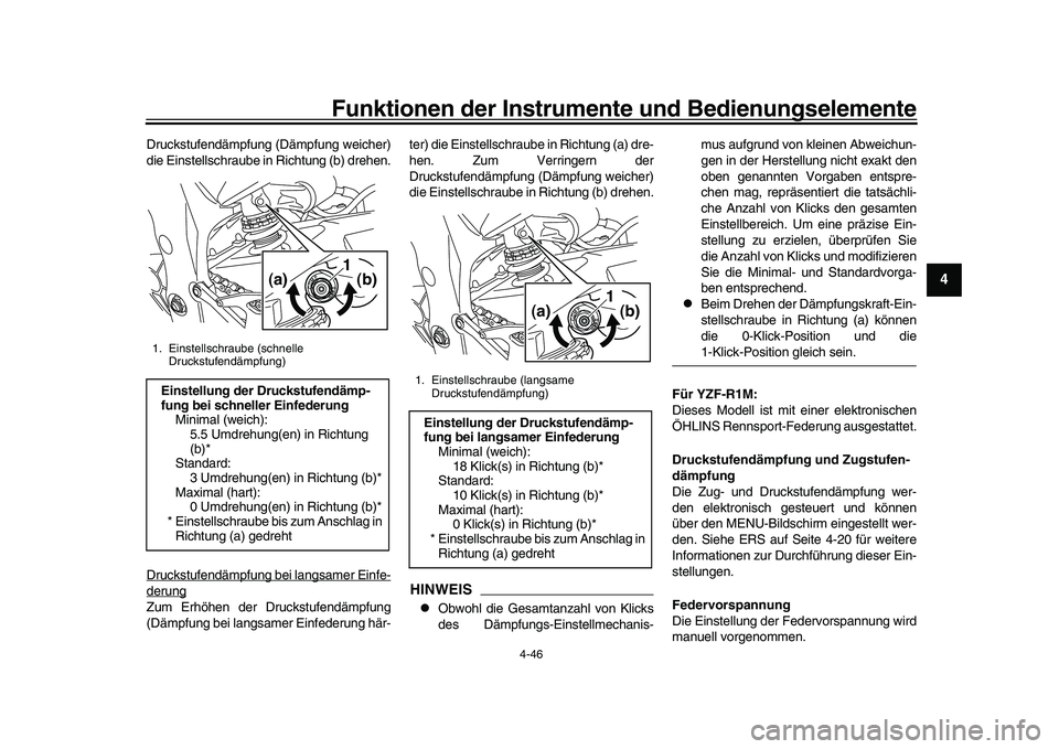 YAMAHA YZF-R1 2017 Betriebsanleitungen (in German) Funktionen der Instrumente und Bedienungselemente
4-46
1
2
345
6
7
8
9
10
11
12
Druckstufendämpfung (Dämpfung weicher)
die Einstellschraube in Richtung (b) drehen.
Druckstufendämpfung bei langsamer YAMAHA YZF-R1 2017 Betriebsanleitungen (in German) Funktionen der Instrumente und Bedienungselemente
4-46
1
2
345
6
7
8
9
10
11
12
Druckstufendämpfung (Dämpfung weicher)
die Einstellschraube in Richtung (b) drehen.
Druckstufendämpfung bei langsamer