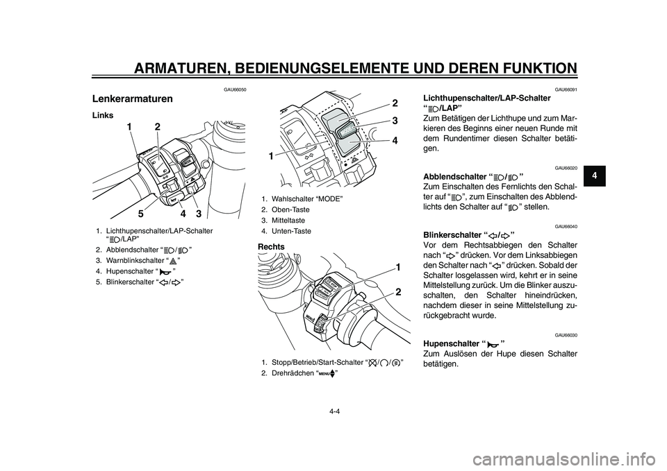 YAMAHA YZF-R1 2015 Betriebsanleitungen (in German) ARMATUREN, BEDIENUNGSELEMENTE UND DEREN FUNKTION
4-4
1
2
345
6
7
8
9
10
11
12
GAU66050
LenkerarmaturenLinks
Rechts
GAU66091
Lichthupenschalter/LAP-Schalter
“/LAP”
Zum Betätigen der Lichthupe und YAMAHA YZF-R1 2015 Betriebsanleitungen (in German) ARMATUREN, BEDIENUNGSELEMENTE UND DEREN FUNKTION
4-4
1
2
345
6
7
8
9
10
11
12
GAU66050
LenkerarmaturenLinks
Rechts
GAU66091
Lichthupenschalter/LAP-Schalter
“/LAP”
Zum Betätigen der Lichthupe und