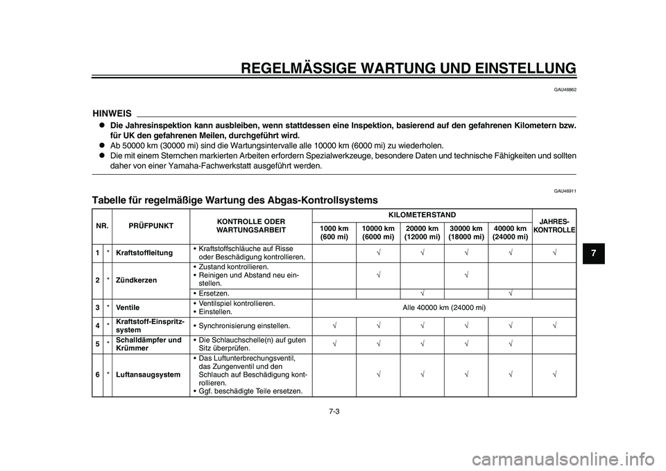 YAMAHA YZF-R1 2015  Betriebsanleitungen (in German) REGELMÄSSIGE WARTUNG UND EINSTELLUNG
7-3
1
2
3
4
5
678
9
10
11
12
GAU46862
HINWEIS
Die Jahresinspektion kann ausbleiben, wenn stattdessen eine  Inspektion, basierend auf den gefahrenen Kilometern 