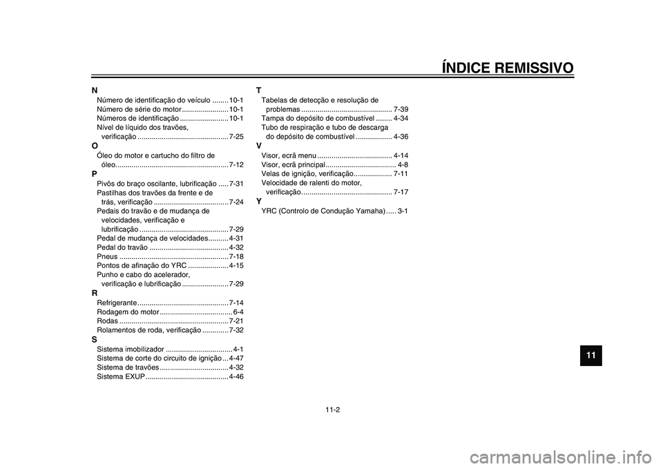 YAMAHA YZF-R1 2015  Manual de utilização (in Portuguese) ÍNDICE REMISSIVO
11-2
1
2
3
4
5
6
7
8
9
101112
NNúmero de identificação do veículo ........ 10-1
Número de série do motor ....................... 10-1
Números de identificação ..............