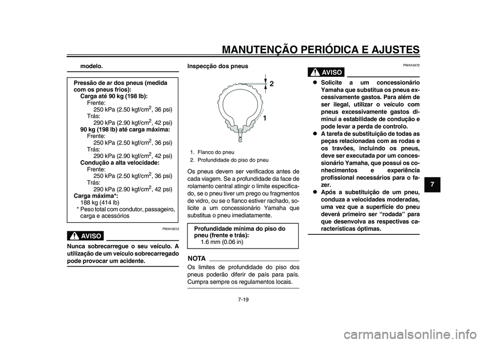 YAMAHA YZF-R1 2015  Manual de utilização (in Portuguese) MANUTENÇÃO PERIÓDICA E AJUSTES
7-19
1
2
3
4
5
678
9
10
11
12
modelo.AVISO
PWA10512
Nunca sobrecarregue o seu veículo. A
utilização de um veículo sobrecarregadopode provocar um acidente. Inspec