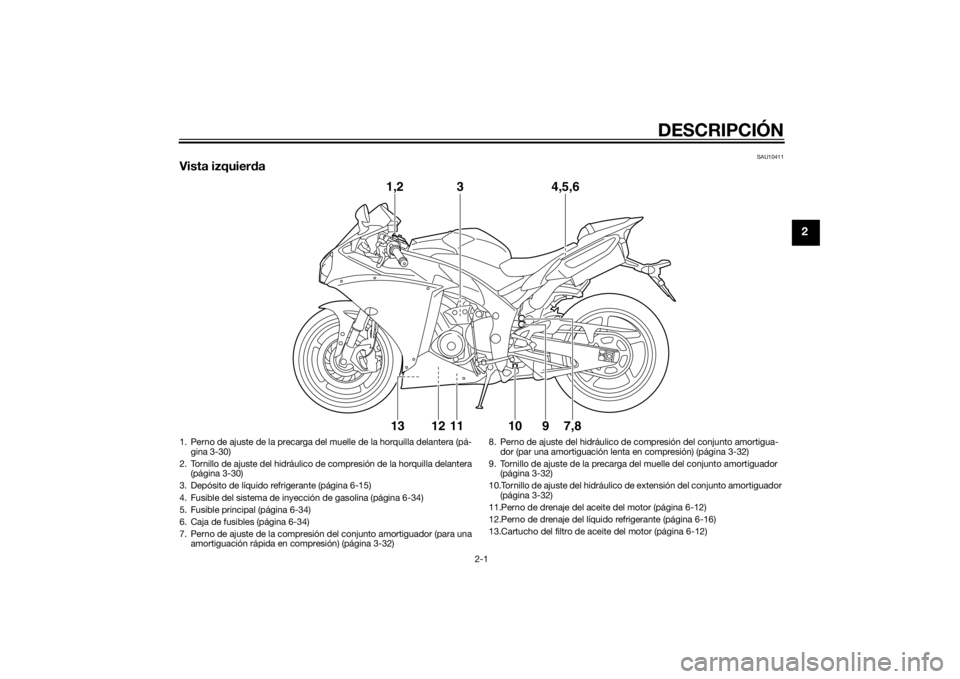 YAMAHA YZF-R1 2014 Manuale de Empleo (in Spanish) DESCRIPCIÓN
2-1
2
SAU10411
Vista izquierda
1,2
3
4,5,6
13
12
11
10
7,8
9
1. Perno de ajuste de la precarga del muelle de la horquilla delantera (pá- gina 3-30)
2. Tornillo de ajuste del hidráulico YAMAHA YZF-R1 2014 Manuale de Empleo (in Spanish) DESCRIPCIÓN
2-1
2
SAU10411
Vista izquierda
1,2
3
4,5,6
13
12
11
10
7,8
9
1. Perno de ajuste de la precarga del muelle de la horquilla delantera (pá- gina 3-30)
2. Tornillo de ajuste del hidráulico
