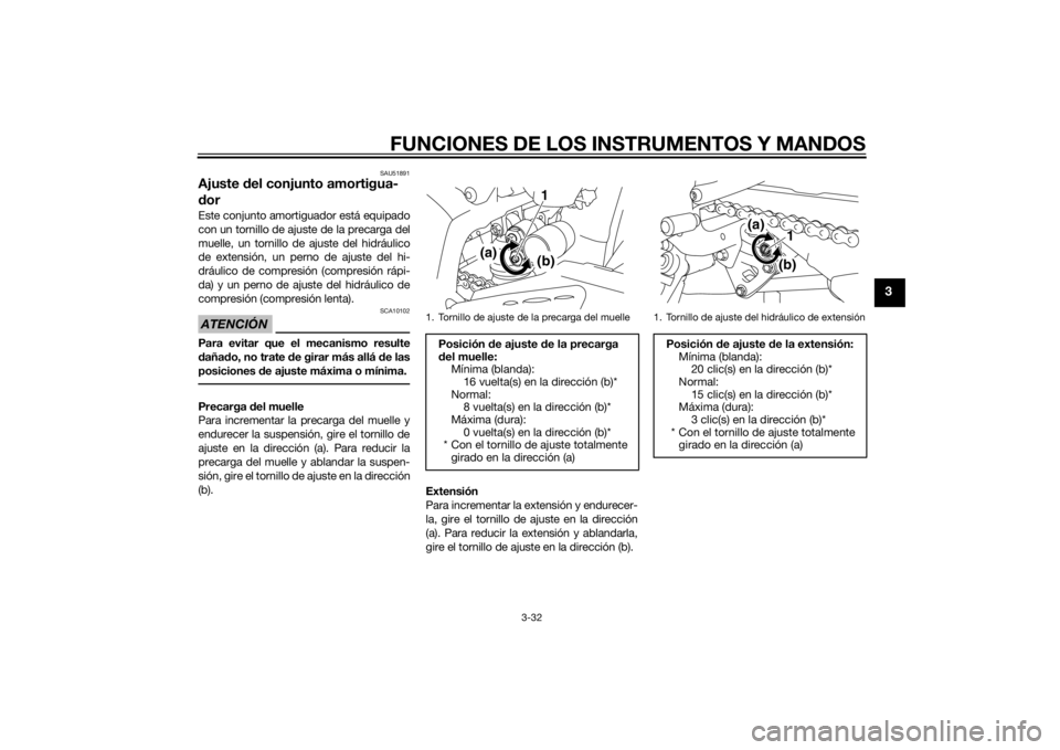 YAMAHA YZF-R1 2014 Manuale de Empleo (in Spanish) FUNCIONES DE LOS INSTRUMENTOS Y MANDOS
3-32
3
SAU51891
Ajuste del conjunto amortigua-
d orEste conjunto amortiguador está equipado
con un tornillo de ajuste de la precarga del
muelle, un tornillo de YAMAHA YZF-R1 2014 Manuale de Empleo (in Spanish) FUNCIONES DE LOS INSTRUMENTOS Y MANDOS
3-32
3
SAU51891
Ajuste del conjunto amortigua-
d orEste conjunto amortiguador está equipado
con un tornillo de ajuste de la precarga del
muelle, un tornillo de