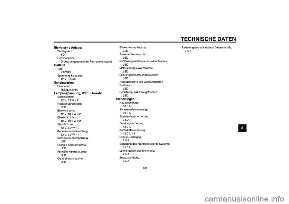 YAMAHA YZF-R1 2011 Betriebsanleitungen (in German) TECHNISCHE DATEN
8-3
8
Elektrische Anlage:Zündsystem:
TCI
Lichtmaschine:
Drehstromgenerator mit PermanentmagnetBatterie:Typ:
YTZ10S
Spannung, Kapazität:
12 V, 8.6 AhScheinwerfer:Lampenart:
Halogenla YAMAHA YZF-R1 2011 Betriebsanleitungen (in German) TECHNISCHE DATEN
8-3
8
Elektrische Anlage:Zündsystem:
TCI
Lichtmaschine:
Drehstromgenerator mit PermanentmagnetBatterie:Typ:
YTZ10S
Spannung, Kapazität:
12 V, 8.6 AhScheinwerfer:Lampenart:
Halogenla