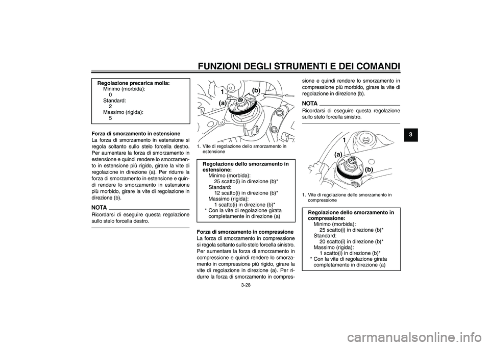 YAMAHA YZF-R1 2011  Manuale duso (in Italian) FUNZIONI DEGLI STRUMENTI E DEI COMANDI
3-28
3
Forza di smorzamento in estensione
La forza di smorzamento in estensione si
regola soltanto sullo stelo forcella destro.
Per aumentare la forza di smorzam