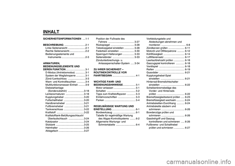 YAMAHA YZF-R1 2009 Betriebsanleitungen (in German) INHALTSICHERHEITSINFORMATIONEN ....1-1
BESCHREIBUNG ..............................2-1
Linke Seitenansicht .........................2-1
Rechte Seitenansicht.......................2-2
Bedienungselemente YAMAHA YZF-R1 2009 Betriebsanleitungen (in German) INHALTSICHERHEITSINFORMATIONEN ....1-1
BESCHREIBUNG ..............................2-1
Linke Seitenansicht .........................2-1
Rechte Seitenansicht.......................2-2
Bedienungselemente