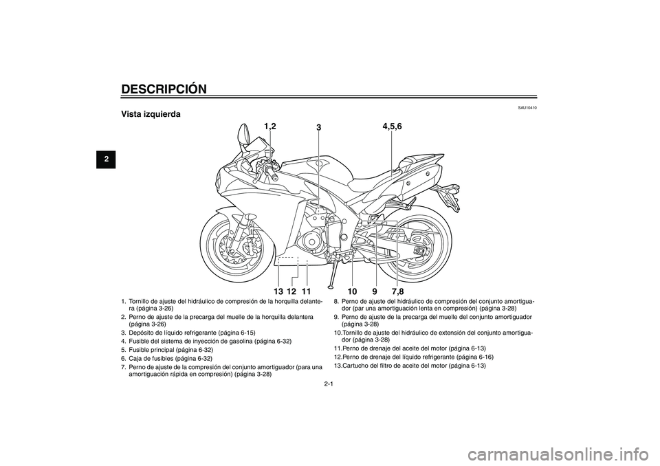YAMAHA YZF-R1 2009 Manuale de Empleo (in Spanish) DESCRIPCIÓN
2-1
2
SAU10410
Vista izquierda
1,2
34,5,6
13 12 11 10 9 7,8
1. Tornillo de ajuste del hidráulico de compresión de la horquilla delante-
ra (página 3-26)
2. Perno de ajuste de la precar YAMAHA YZF-R1 2009 Manuale de Empleo (in Spanish) DESCRIPCIÓN
2-1
2
SAU10410
Vista izquierda
1,2
34,5,6
13 12 11 10 9 7,8
1. Tornillo de ajuste del hidráulico de compresión de la horquilla delante-
ra (página 3-26)
2. Perno de ajuste de la precar