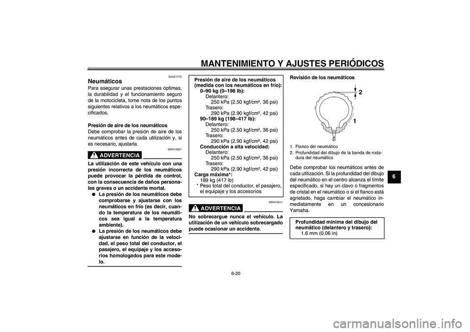 YAMAHA YZF-R1 2009 Manuale de Empleo (in Spanish) MANTENIMIENTO Y AJUSTES PERIÓDICOS
6-20
6
SAU21772
Neumáticos Para asegurar unas prestaciones óptimas,
la durabilidad y el funcionamiento seguro
de la motocicleta, tome nota de los puntos
siguiente YAMAHA YZF-R1 2009 Manuale de Empleo (in Spanish) MANTENIMIENTO Y AJUSTES PERIÓDICOS
6-20
6
SAU21772
Neumáticos Para asegurar unas prestaciones óptimas,
la durabilidad y el funcionamiento seguro
de la motocicleta, tome nota de los puntos
siguiente