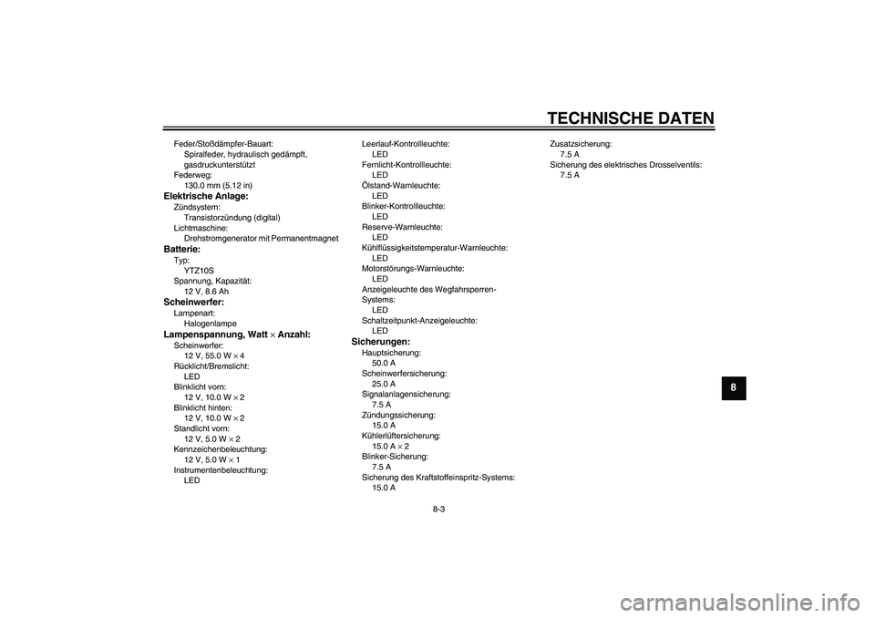 YAMAHA YZF-R1 2007 Betriebsanleitungen (in German) TECHNISCHE DATEN
8-3
8
Feder/Stoßdämpfer-Bauart:
Spiralfeder, hydraulisch gedämpft,
gasdruckunterstützt
Federweg:
130.0 mm (5.12 in)Elektrische Anlage:Zündsystem:
Transistorzündung (digital)
Li YAMAHA YZF-R1 2007 Betriebsanleitungen (in German) TECHNISCHE DATEN
8-3
8
Feder/Stoßdämpfer-Bauart:
Spiralfeder, hydraulisch gedämpft,
gasdruckunterstützt
Federweg:
130.0 mm (5.12 in)Elektrische Anlage:Zündsystem:
Transistorzündung (digital)
Li