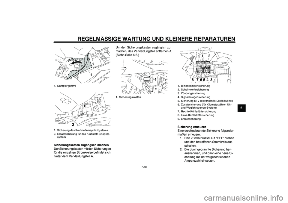 YAMAHA YZF-R1 2007 Betriebsanleitungen (in German) REGELMÄSSIGE WARTUNG UND KLEINERE REPARATUREN
6-32
6
Sicherungskasten zugänglich machen
Der Sicherungskasten mit den Sicherungen
für die einzelnen Stromkreise befindet sich
hinter dem Verkleidung YAMAHA YZF-R1 2007 Betriebsanleitungen (in German) REGELMÄSSIGE WARTUNG UND KLEINERE REPARATUREN
6-32
6
Sicherungskasten zugänglich machen
Der Sicherungskasten mit den Sicherungen
für die einzelnen Stromkreise befindet sich
hinter dem Verkleidung