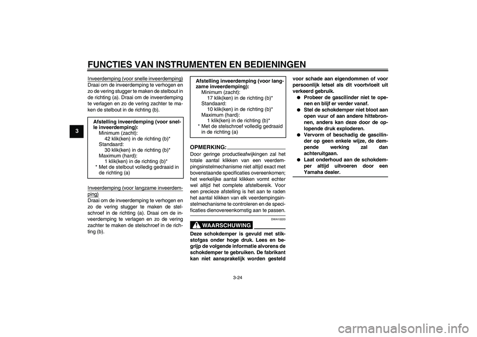 YAMAHA YZF-R1 2006  Instructieboekje (in Dutch) FUNCTIES VAN INSTRUMENTEN EN BEDIENINGEN
3-24
3
Inveerdemping (voor snelle inveerdemping)Draai om de inveerdemping te verhogen en
zo de vering stugger te maken de stelbout in
de richting (a). Draai om