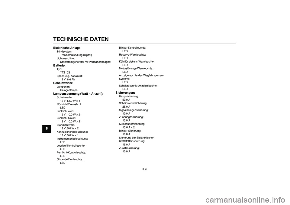 YAMAHA YZF-R1 2005 Betriebsanleitungen (in German) TECHNISCHE DATEN
8-3
8
Elektrische Anlage:Zündsystem:
Transistorzündung (digital)
Lichtmaschine:
Drehstromgenerator mit PermanentmagnetBatterie:Typ:
YTZ10S
Spannung, Kapazität:
12 V, 8.6 AhScheinwe YAMAHA YZF-R1 2005 Betriebsanleitungen (in German) TECHNISCHE DATEN
8-3
8
Elektrische Anlage:Zündsystem:
Transistorzündung (digital)
Lichtmaschine:
Drehstromgenerator mit PermanentmagnetBatterie:Typ:
YTZ10S
Spannung, Kapazität:
12 V, 8.6 AhScheinwe