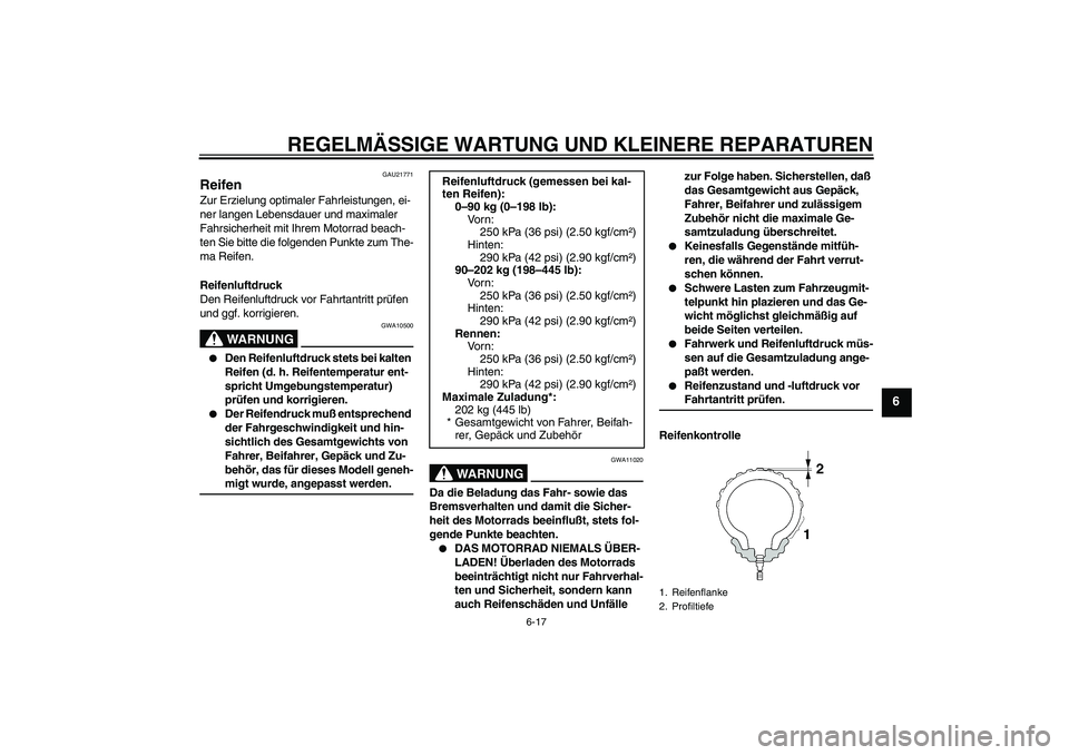 YAMAHA YZF-R1 2004 Betriebsanleitungen (in German) REGELMÄSSIGE WARTUNG UND KLEINERE REPARATUREN
6-17
6
GAU21771
Reifen Zur Erzielung optimaler Fahrleistungen, ei-
ner langen Lebensdauer und maximaler
Fahrsicherheit mit Ihrem Motorrad beach-
ten Sie YAMAHA YZF-R1 2004 Betriebsanleitungen (in German) REGELMÄSSIGE WARTUNG UND KLEINERE REPARATUREN
6-17
6
GAU21771
Reifen Zur Erzielung optimaler Fahrleistungen, ei-
ner langen Lebensdauer und maximaler
Fahrsicherheit mit Ihrem Motorrad beach-
ten Sie
