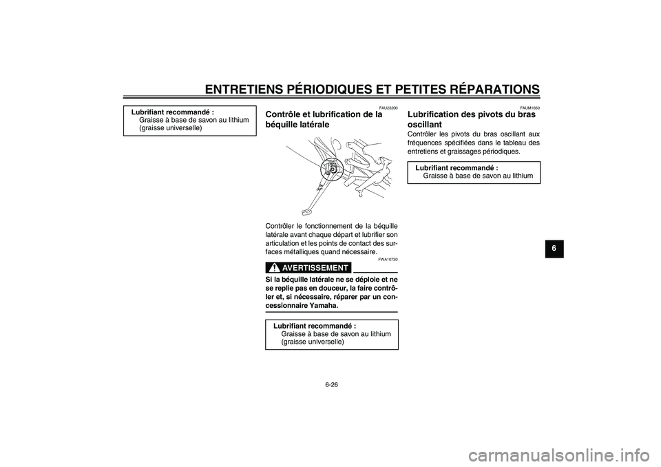 YAMAHA YZF-R1 2004  Notices Demploi (in French) ENTRETIENS PÉRIODIQUES ET PETITES RÉPARATIONS
6-26
6
FAU23200
Contrôle et lubrification de la 
béquille latérale Contrôler le fonctionnement de la béquille
latérale avant chaque départ et lub