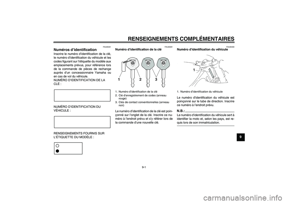 YAMAHA YZF-R1 2004  Notices Demploi (in French) RENSEIGNEMENTS COMPLÉMENTAIRES
9-1
9
FAU26351
Numéros d’identification Inscrire le numéro d’identification de la clé,
le numéro d’identification du véhicule et les
codes figurant sur l’