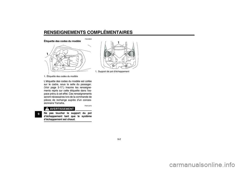 YAMAHA YZF-R1 2004  Notices Demploi (in French) RENSEIGNEMENTS COMPLÉMENTAIRES
9-2
9
FAU33940
Étiquette des codes du modèle 
L’étiquette des codes du modèle est collée
sur le cadre, sous la selle du passager.
(Voir page 3-17.) Inscrire les 