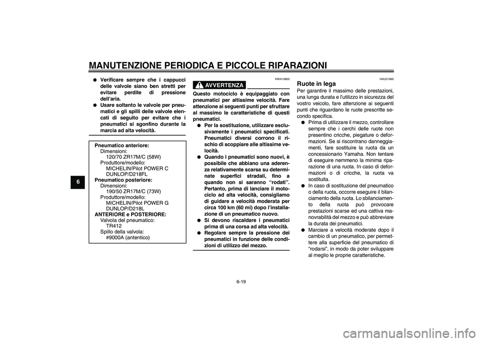 YAMAHA YZF-R1 2004 Manuale duso (in Italian) MANUTENZIONE PERIODICA E PICCOLE RIPARAZIONI
6-19
6
Verificare sempre che i cappucci
delle valvole siano ben stretti per
evitare perdite di pressione
dell’aria.
Usare soltanto le valvole per pne YAMAHA YZF-R1 2004 Manuale duso (in Italian) MANUTENZIONE PERIODICA E PICCOLE RIPARAZIONI
6-19
6
Verificare sempre che i cappucci
delle valvole siano ben stretti per
evitare perdite di pressione
dell’aria.
Usare soltanto le valvole per pne