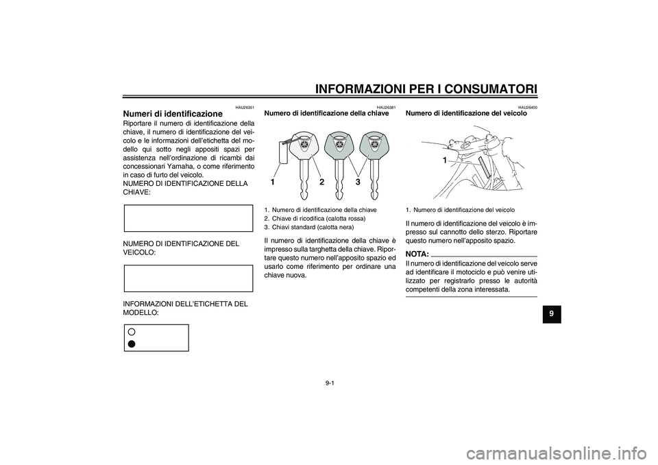 YAMAHA YZF-R1 2004  Manuale duso (in Italian) INFORMAZIONI PER I CONSUMATORI
9-1
9
HAU26351
Numeri di identificazione Riportare il numero di identificazione della
chiave, il numero di identificazione del vei-
colo e le informazioni dell’etichet