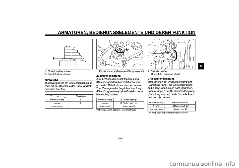 YAMAHA YZF-R1 2003 Betriebsanleitungen (in German) ARMATUREN, BEDIENUNGSELEMENTE UND DEREN FUNKTION
3-20
3
HINWEIS:_ Die jeweilige Rille am Einstellmechanismus
muß mit der Oberkante der Gabel-Abdeck-
schraube fluchten. _CI-10G
Zugstufendämpfung
Zum YAMAHA YZF-R1 2003 Betriebsanleitungen (in German) ARMATUREN, BEDIENUNGSELEMENTE UND DEREN FUNKTION
3-20
3
HINWEIS:_ Die jeweilige Rille am Einstellmechanismus
muß mit der Oberkante der Gabel-Abdeck-
schraube fluchten. _CI-10G
Zugstufendämpfung
Zum