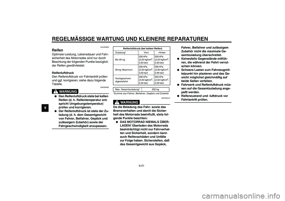 YAMAHA YZF-R1 2003 Betriebsanleitungen (in German) REGELMÄSSIGE WARTUNG UND KLEINERE REPARATUREN
6-21
6
GAU00658
Reifen Optimale Leistung, Lebensdauer und Fahr-
sicherheit des Motorrades sind nur durch
Beachtung der folgenden Punkte bezüglich
der YAMAHA YZF-R1 2003 Betriebsanleitungen (in German) REGELMÄSSIGE WARTUNG UND KLEINERE REPARATUREN
6-21
6
GAU00658
Reifen Optimale Leistung, Lebensdauer und Fahr-
sicherheit des Motorrades sind nur durch
Beachtung der folgenden Punkte bezüglich
der