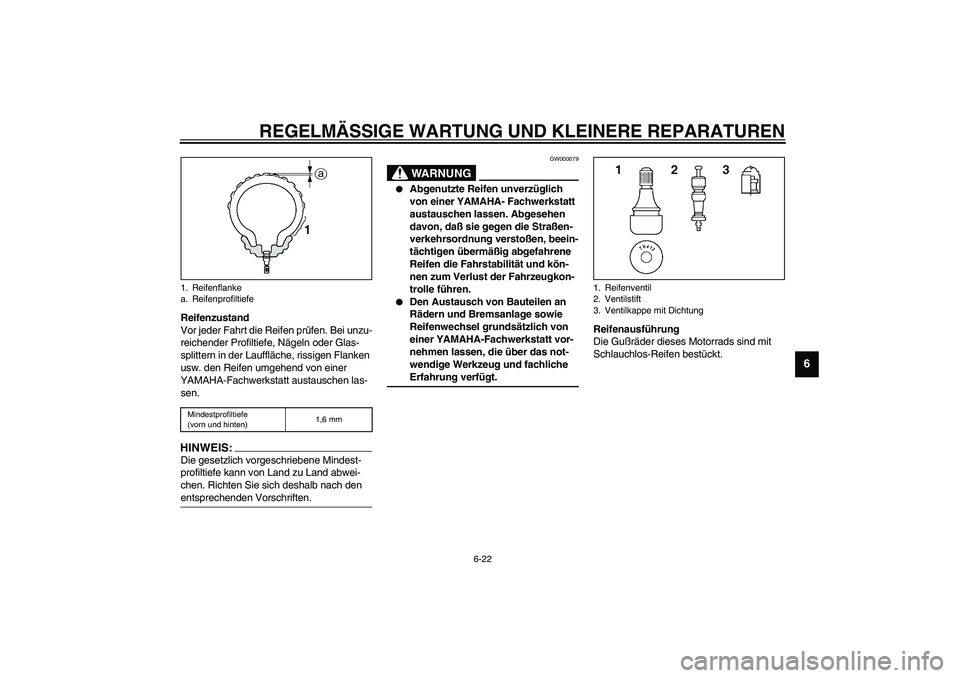 YAMAHA YZF-R1 2003 Betriebsanleitungen (in German) REGELMÄSSIGE WARTUNG UND KLEINERE REPARATUREN
6-22
6
Reifenzustand
Vor jeder Fahrt die Reifen prüfen. Bei unzu-
reichender Profiltiefe, Nägeln oder Glas-
splittern in der Lauffläche, rissigen Flan YAMAHA YZF-R1 2003 Betriebsanleitungen (in German) REGELMÄSSIGE WARTUNG UND KLEINERE REPARATUREN
6-22
6
Reifenzustand
Vor jeder Fahrt die Reifen prüfen. Bei unzu-
reichender Profiltiefe, Nägeln oder Glas-
splittern in der Lauffläche, rissigen Flan