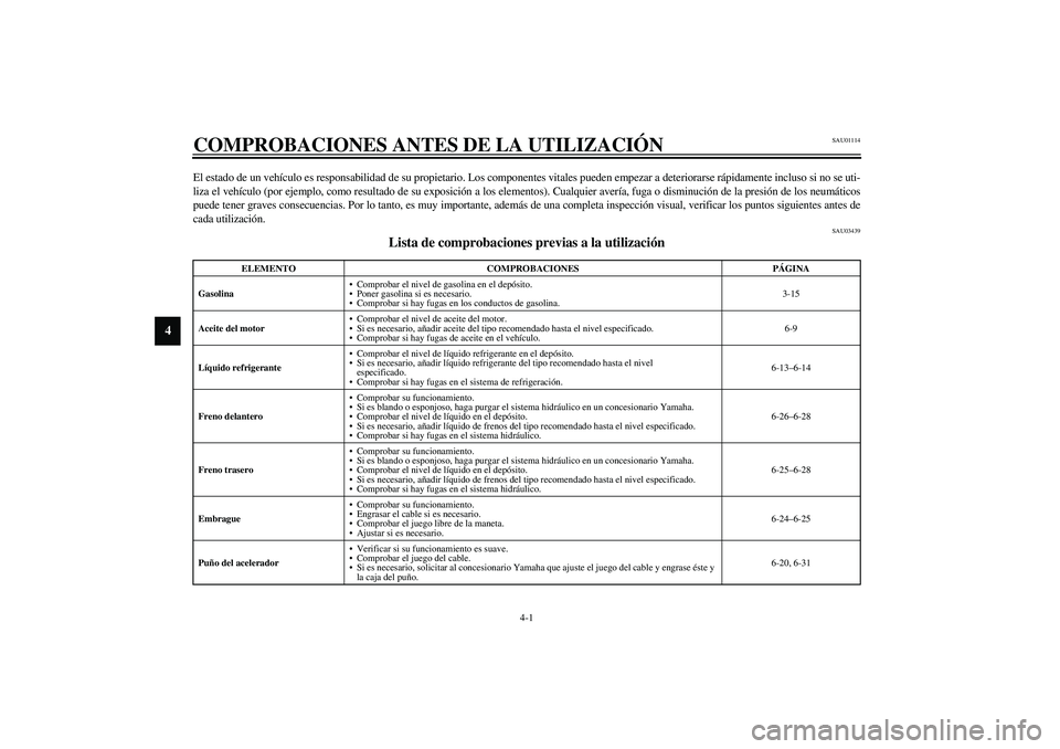 YAMAHA YZF-R1 2003 Manuale de Empleo (in Spanish) 4-1
4
SAU01114
4-COMPROBACIONES ANTES DE LA UTILIZACIÓNEl estado de un vehículo es responsabilidad de su propietario. Los componentes vitales pueden empezar a deteriorarse rápidamente incluso si no YAMAHA YZF-R1 2003 Manuale de Empleo (in Spanish) 4-1
4
SAU01114
4-COMPROBACIONES ANTES DE LA UTILIZACIÓNEl estado de un vehículo es responsabilidad de su propietario. Los componentes vitales pueden empezar a deteriorarse rápidamente incluso si no
