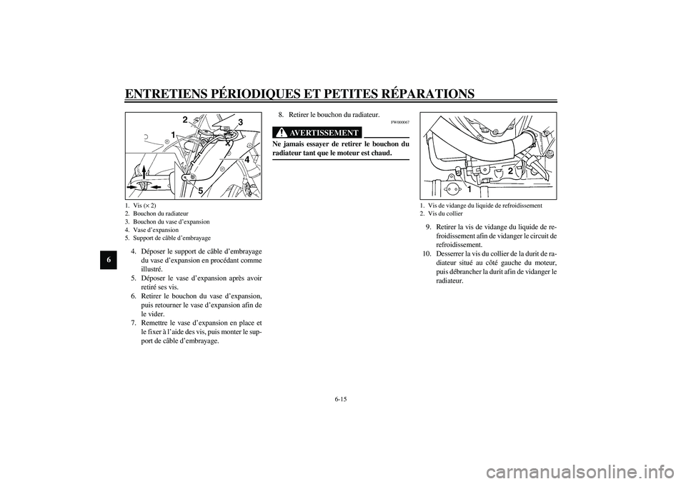 YAMAHA YZF-R1 2003 Notices Demploi (in French) ENTRETIENS PÉRIODIQUES ET PETITES RÉPARATIONS
6-15
6
4. Déposer le support de câble d’embrayage
du vase d’expansion en procédant comme
illustré.
5. Déposer le vase d’expansion après avoi YAMAHA YZF-R1 2003 Notices Demploi (in French) ENTRETIENS PÉRIODIQUES ET PETITES RÉPARATIONS
6-15
6
4. Déposer le support de câble d’embrayage
du vase d’expansion en procédant comme
illustré.
5. Déposer le vase d’expansion après avoi