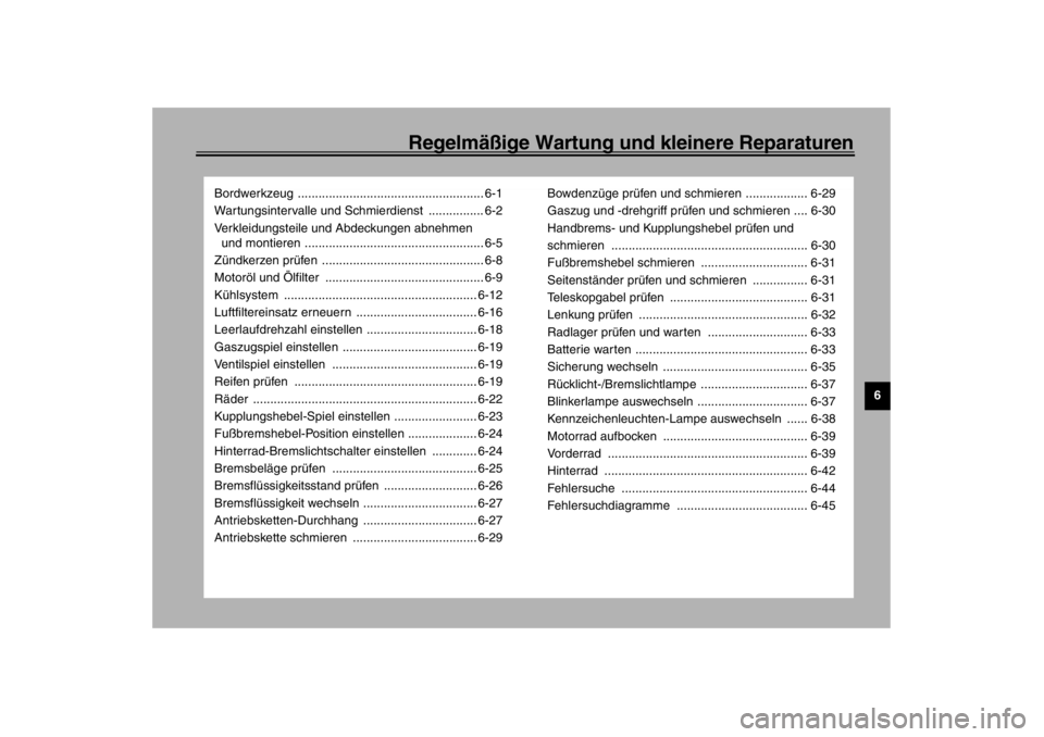 YAMAHA YZF-R1 2002  Betriebsanleitungen (in German) Regelmäßige Wartung und kleinere Reparaturen
6
Bordwerkzeug ...................................................... 6-1
Wartungsintervalle und Schmierdienst  ................ 6-2
Verkleidungsteile un