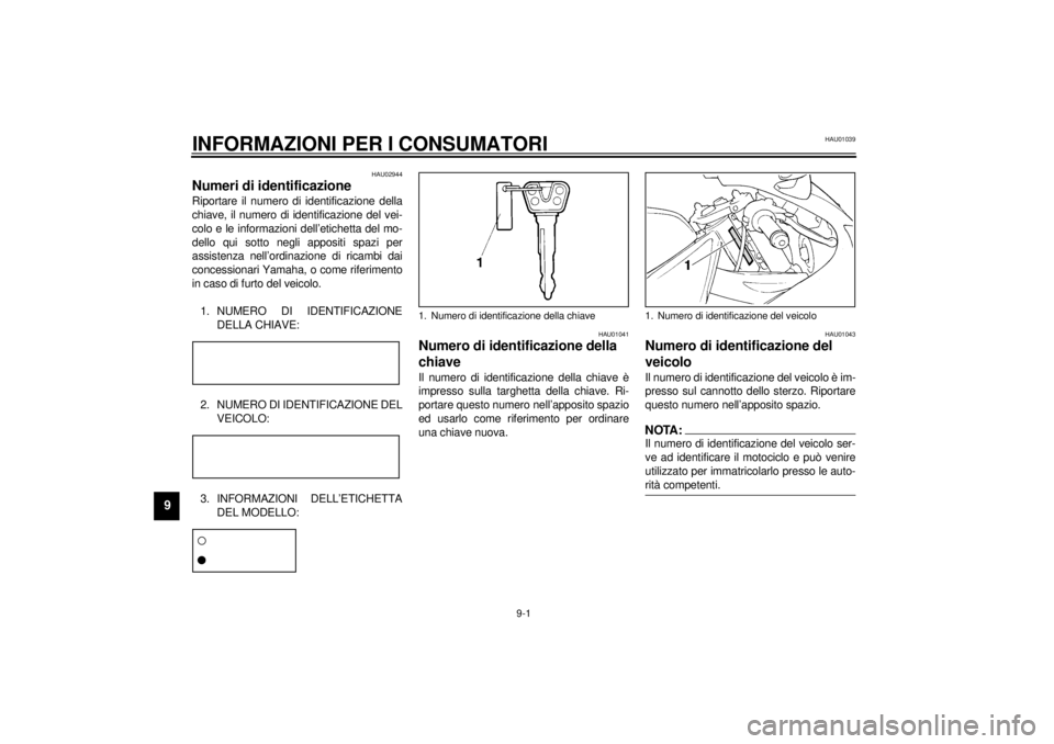 YAMAHA YZF-R1 2001 Manuale duso (in Italian) 9-1
9
HAU01039
9-INFORMAZIONI PER I CONSUMATORI
HAU02944
Numeri di identificazione Riportare il numero di identificazione della
chiave, il numero di identificazione del vei-
colo e le informazioni del YAMAHA YZF-R1 2001 Manuale duso (in Italian) 9-1
9
HAU01039
9-INFORMAZIONI PER I CONSUMATORI
HAU02944
Numeri di identificazione Riportare il numero di identificazione della
chiave, il numero di identificazione del vei-
colo e le informazioni del