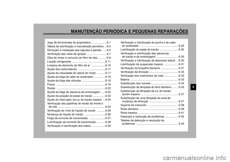 YAMAHA YZF-R1 2000 Manual de utilização (in Portuguese) MANUTENÇÃO PERIÓDICA E PEQUENAS REPARAÇÕES
6
Jogo de ferramentas do proprietário .................... 6-1
Tabela de lubrificação e manutenção periódica ... 6-2
Remoção e instalação da YAMAHA YZF-R1 2000 Manual de utilização (in Portuguese) MANUTENÇÃO PERIÓDICA E PEQUENAS REPARAÇÕES
6
Jogo de ferramentas do proprietário .................... 6-1
Tabela de lubrificação e manutenção periódica ... 6-2
Remoção e instalação da