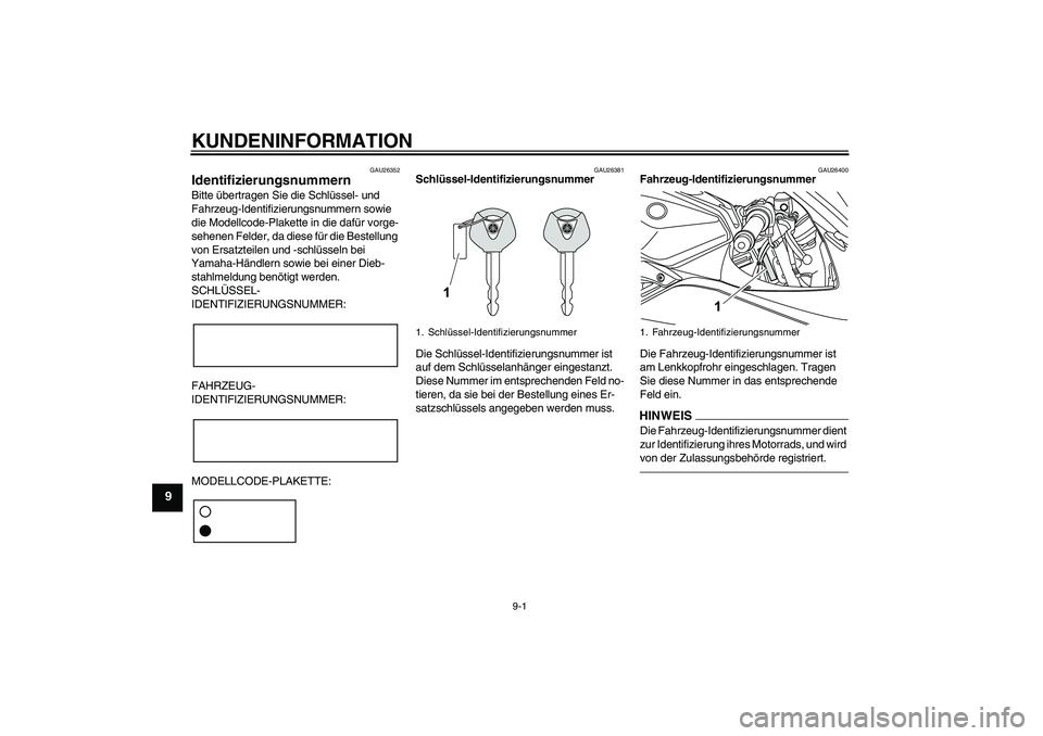 YAMAHA YZF-R125 2010  Betriebsanleitungen (in German) KUNDENINFORMATION
9-1
9
GAU26352
Identifizierungsnummern Bitte übertragen Sie die Schlüssel- und 
Fahrzeug-Identifizierungsnummern sowie 
die Modellcode-Plakette in die dafür vorge-
sehenen Felder,