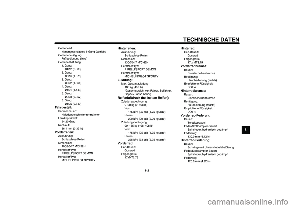 YAMAHA YZF-R125 2008 Betriebsanleitungen (in German) TECHNISCHE DATEN
8-2
8
Getriebeart:
klauengeschaltetes 6-Gang-Getriebe
Getriebebetätigung:
Fußbedienung (links)
Getriebeabstufung:
1. Gang:
34/12 (2.833)
2. Gang:
30/16 (1.875)
3. Gang:
30/22 (1.364 YAMAHA YZF-R125 2008 Betriebsanleitungen (in German) TECHNISCHE DATEN
8-2
8
Getriebeart:
klauengeschaltetes 6-Gang-Getriebe
Getriebebetätigung:
Fußbedienung (links)
Getriebeabstufung:
1. Gang:
34/12 (2.833)
2. Gang:
30/16 (1.875)
3. Gang:
30/22 (1.364