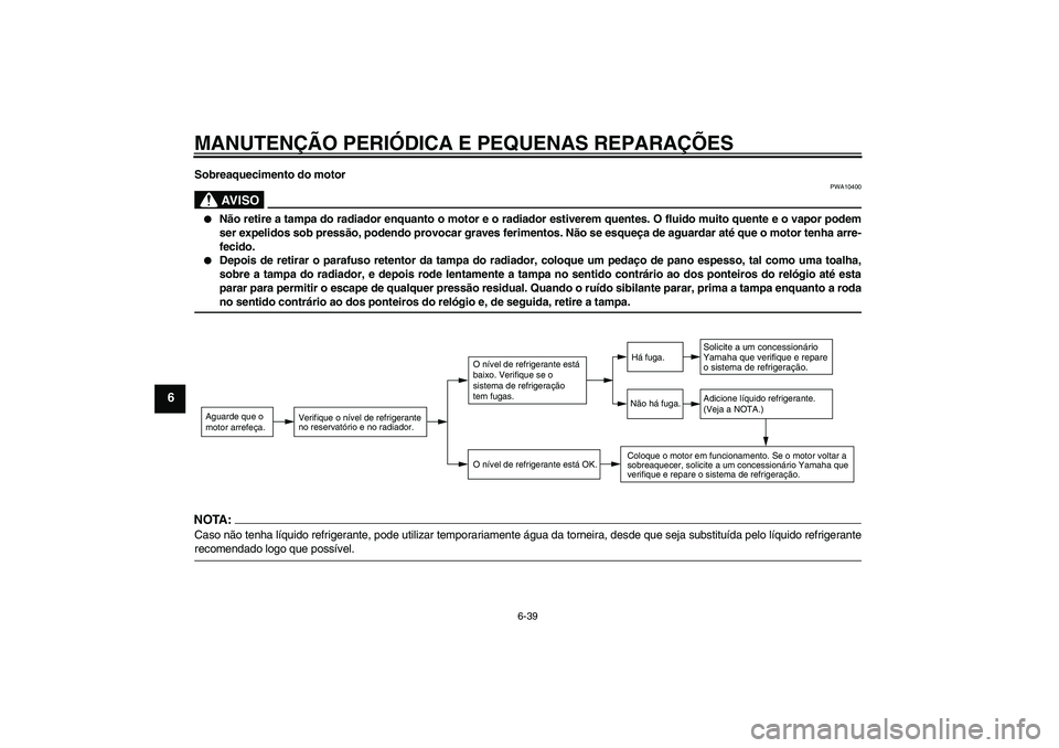 YAMAHA YZF-R125 2009  Manual de utilização (in Portuguese) MANUTENÇÃO PERIÓDICA E PEQUENAS REPARAÇÕES
6-39
6
Sobreaquecimento do motor
AV I S O
PWA10400

Não retire a tampa do radiador enquanto o motor e o radiador estiverem quentes. O fluido muito que
