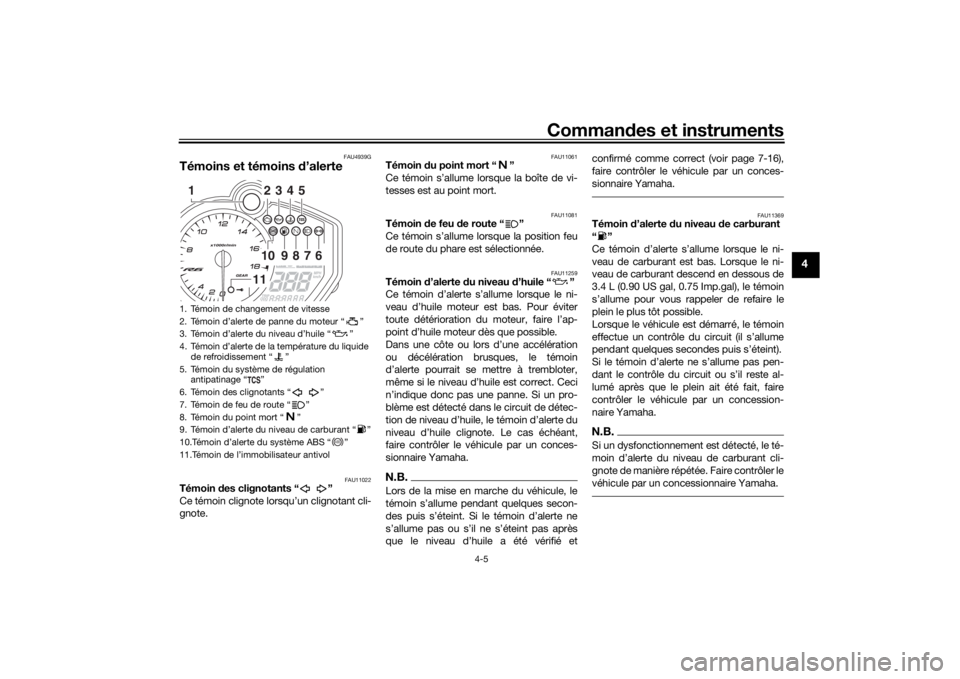 YAMAHA YZF-R6 2019  Notices Demploi (in French) Commandes et instruments
4-5
4
FAU4939G
Témoins et témoins  d’alerte
FAU11022
Témoin  des clignotants “ ”
Ce témoin clignote lorsqu’un clignotant cli-
gnote.
FAU11061
Témoin  du point mor