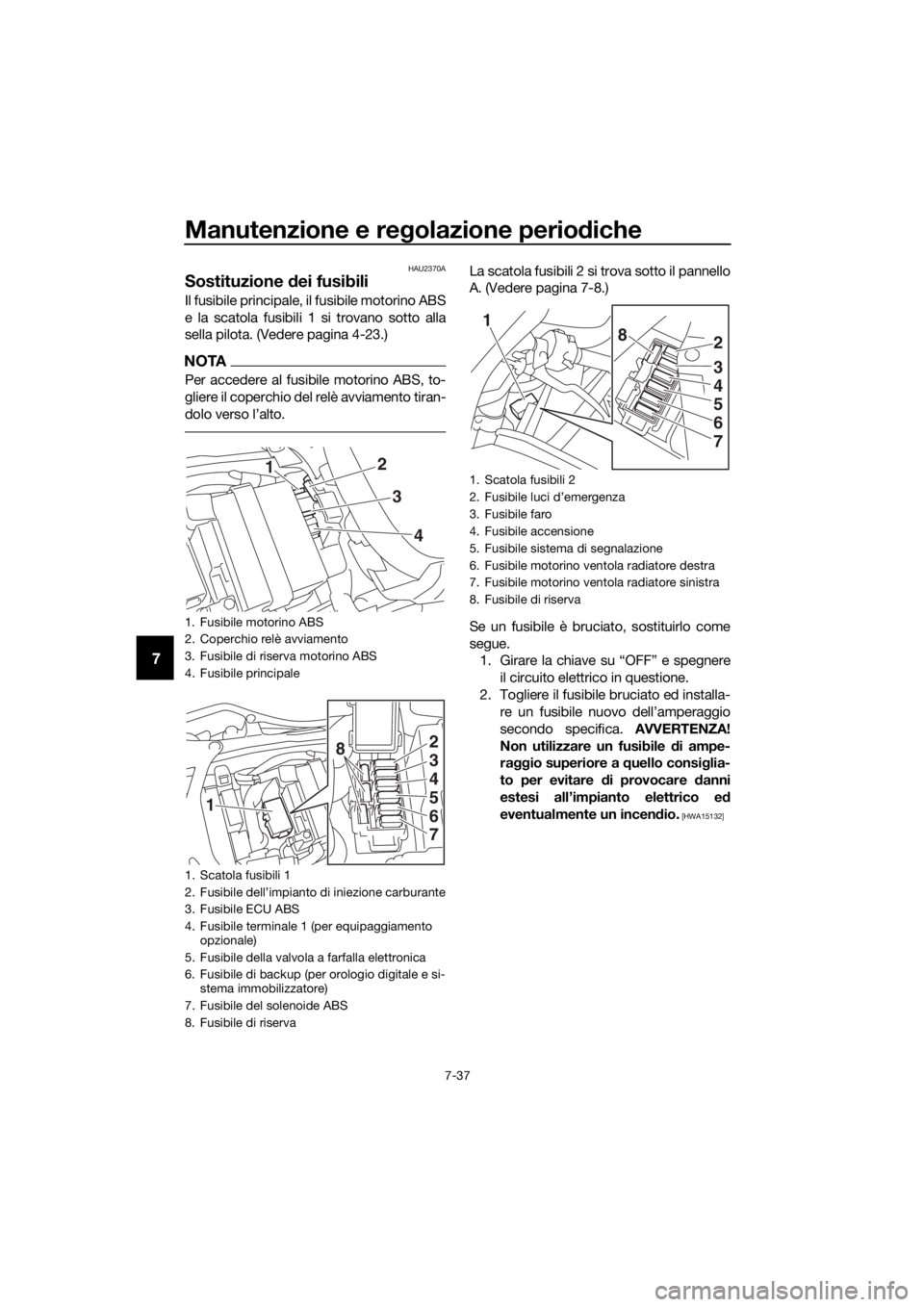 YAMAHA YZF-R6 2018  Manuale duso (in Italian) Manutenzione e regolazione perio diche
7-37
7
HAU2370A
Sostituzione  dei fusibili
Il fusibile principale, il fusibile motorino ABS
e la scatola fusibili 1 si trovano sotto alla
sella pilota. (Vedere p