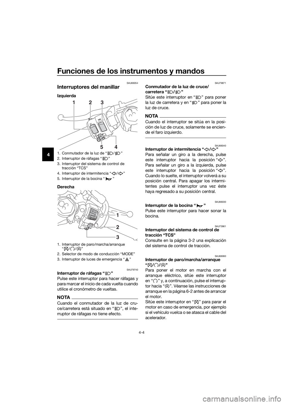 YAMAHA YZF-R6 2017  Manuale de Empleo (in Spanish) Funciones de los instrumentos y man dos
4-4
4
SAU66054
Interruptores  del manillar
Izquier da
Derecha
SAU79740Interruptor  de ráfagas “ ”
Pulse este interruptor para hacer ráfagas y
para marcar 