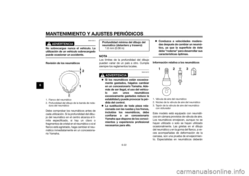 YAMAHA YZF-R6 2015 Manuale de Empleo (in Spanish) MANTENIMIENTO Y AJUSTES PERIÓDICOS
6-22
6
ADVERTENCIA
SWA10512
No sobrecargue nunca el vehículo. La
utilización de un vehículo sobrecargad o
pue de ocasionar un acci dente.Revisión de los neumá YAMAHA YZF-R6 2015 Manuale de Empleo (in Spanish) MANTENIMIENTO Y AJUSTES PERIÓDICOS
6-22
6
ADVERTENCIA
SWA10512
No sobrecargue nunca el vehículo. La
utilización de un vehículo sobrecargad o
pue de ocasionar un acci dente.Revisión de los neumá