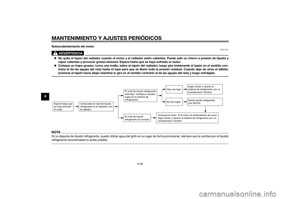 YAMAHA YZF-R6 2015 Manuale de Empleo (in Spanish) MANTENIMIENTO Y AJUSTES PERIÓDICOS
6-48
6
Sobrecalentamiento del motor
ADVERTENCIA
SWAT1041
No quite el tapón del ra dia dor cuan do el motor y el ra dia dor estén calientes. Pue de salir un c YAMAHA YZF-R6 2015 Manuale de Empleo (in Spanish) MANTENIMIENTO Y AJUSTES PERIÓDICOS
6-48
6
Sobrecalentamiento del motor
ADVERTENCIA
SWAT1041
No quite el tapón del ra dia dor cuan do el motor y el ra dia dor estén calientes. Pue de salir un c