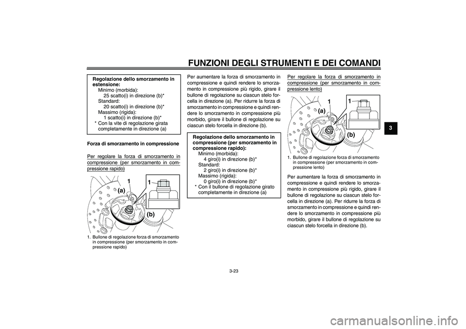 YAMAHA YZF-R6 2010  Manuale duso (in Italian) FUNZIONI DEGLI STRUMENTI E DEI COMANDI
3-23
3
Forza di smorzamento in compressione
Per regolare la forza di smorzamento incompressione (per smorzamento in com-pressione rapido)
Per aumentare la forza 