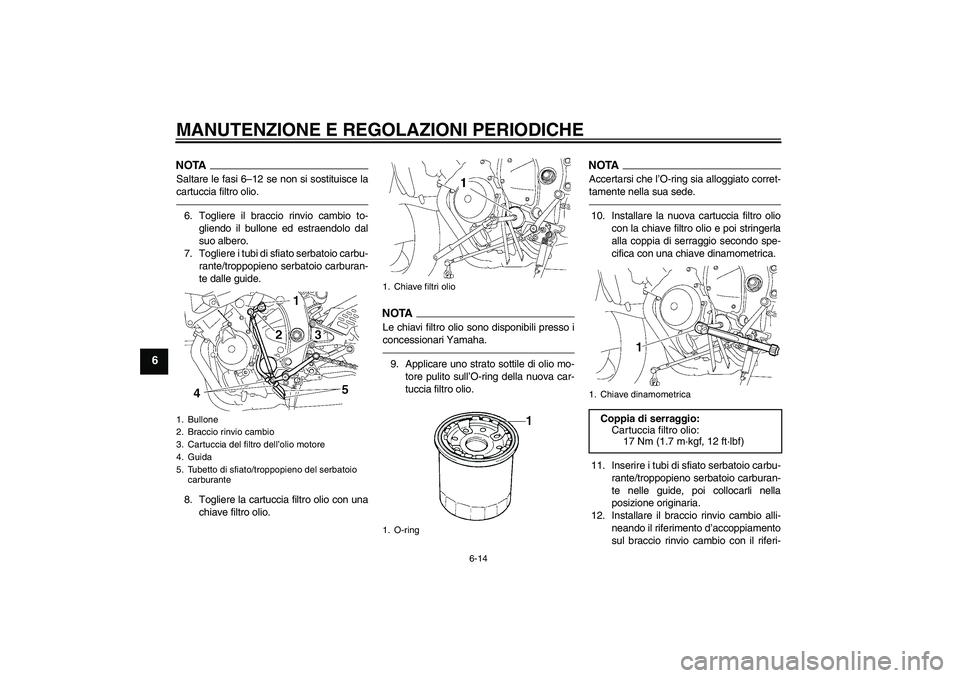 YAMAHA YZF-R6 2010  Manuale duso (in Italian) MANUTENZIONE E REGOLAZIONI PERIODICHE
6-14
6
NOTASaltare le fasi 6–12 se non si sostituisce la
cartuccia filtro olio.6. Togliere il braccio rinvio cambio to-
gliendo il bullone ed estraendolo dal
su